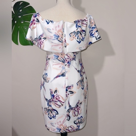 Belle Badgley Mischka Pippa Ruffle Off Shoulder Brush Stroke Floral Dress Sz. 4 - Picture 7 of 13